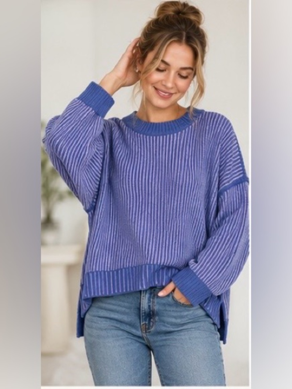 Zenana Outfitters Stunning Two-Tone Striped Ribbed Crewneck Sweater - New in Bag